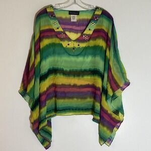 Travel Elements Top Womens Small Green Multicolor Sheer Poncho Embellished Boho